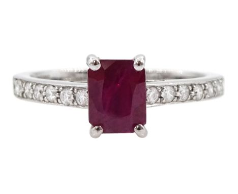 18ct white gold radiant cut ruby ring, with round brilliant cut diamond set shoulders, hallmarked, ruby approx 1.00 caratCond