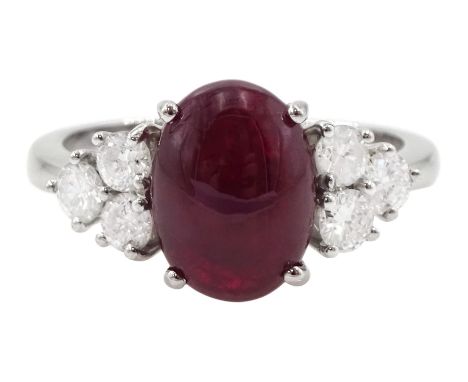 18ct white gold cabochon cut ruby and six stone round brilliant cut diamond ring, hallmarked, ruby approx 3.70 carat, total d