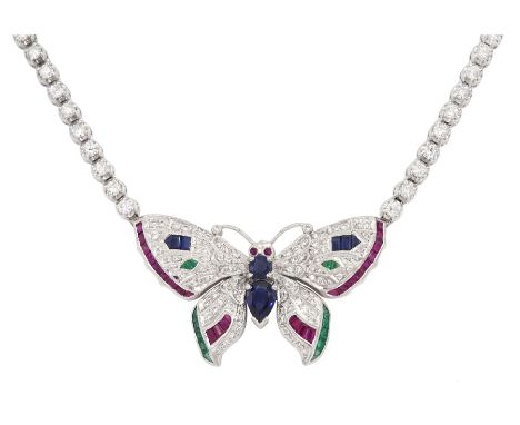 White gold butterfly necklace, the diamond, sapphire, ruby and emerald set butterfly, suspending from a round brilliant cut d