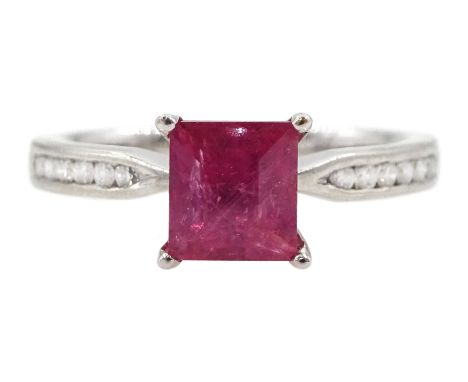 18ct white gold square cut ruby ring, with round brilliant cut diamond set shoulders, hallmarked, ruby approx 1.25 caratCondi