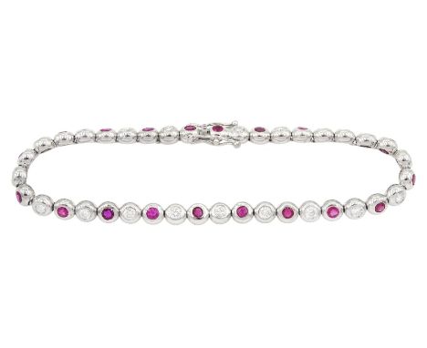 18ct white gold bezel set diamond and ruby alternate link braceletCondition Report:Approx 11.4gm, tested 18ct, length = 17.7c
