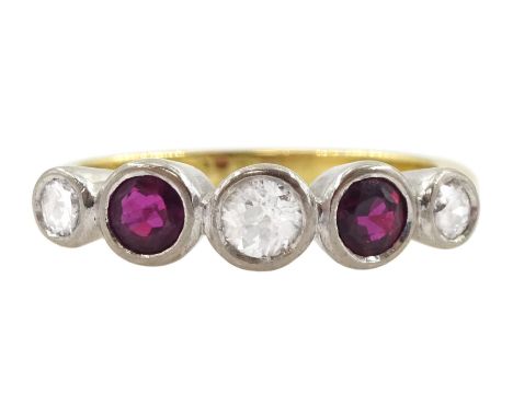 18ct gold five stone round brilliant cut diamond and ruby ring, stampedCondition Report:Approx 5gm, size M-N, diamonds bright