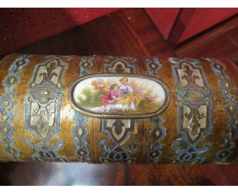 A painted "Lignum Vitae" domed top box with brass inlay and painted ceramic panel 
