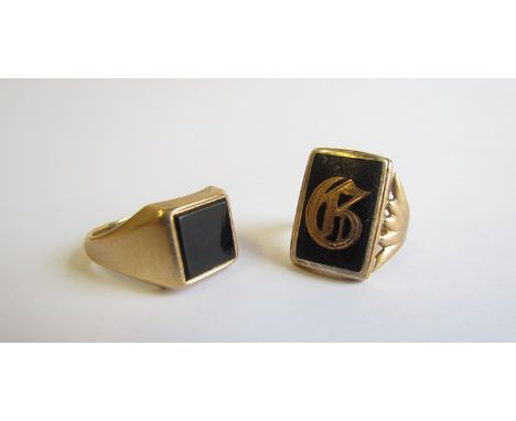 Two 9ct gold signet rings one with black enamel and monogrammed "D" the other square black onyx 