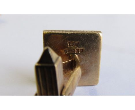 A pair of 9ct gold engine turned square cufflinks. By S.J.R. Birmingham 1989. Slight damage (one terminal missing), and a pai