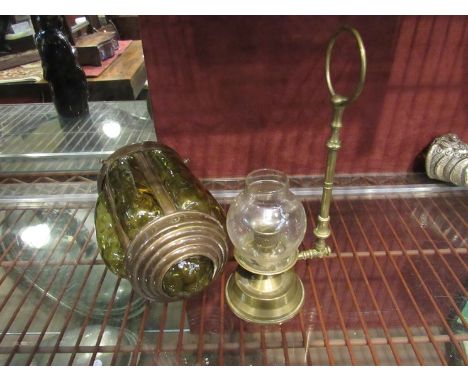 A glass and copper hanging lantern and a brass student's lamp 