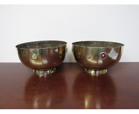 A pair of Circa 1900 brass bowls in Arts and Crafts style coloured enamel roundels of the Tudor rose emblem 