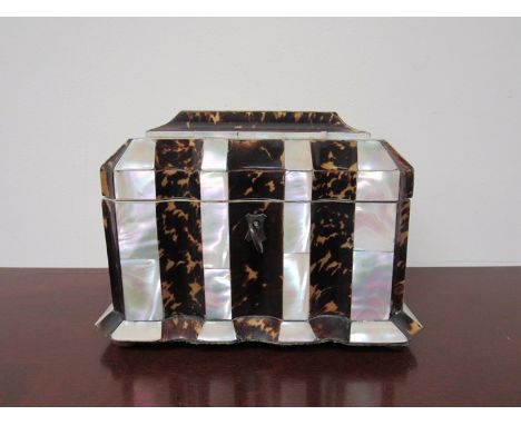 A circa 1863 Hayden Birmingham mother-of-pearl and tortoiseshell tea caddy with key 