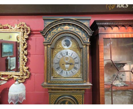 A George III chinoiserie lacquered longcase clock with caddy form hood, broken arch door decorated with pagodas and cut-down 