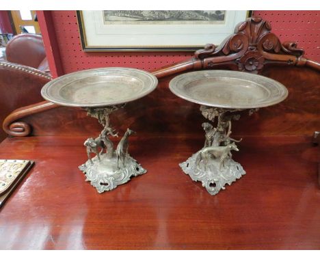 Two silver plated hunting dog themed fruit plate stands