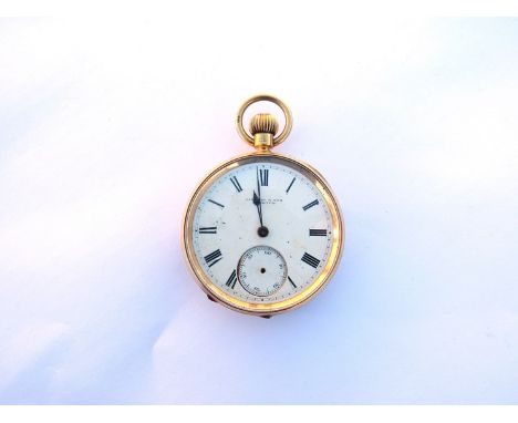 An 18ct gold open faced pocket watch, Roman enamel dial a/f 