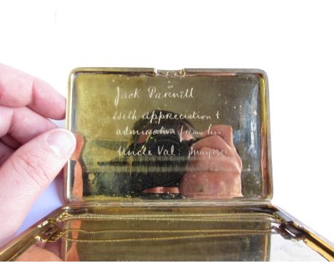 A 9ct gold cigarette case with engine turned decoration, the interior engraved "Jack Parnell,  with appreciation and admirati