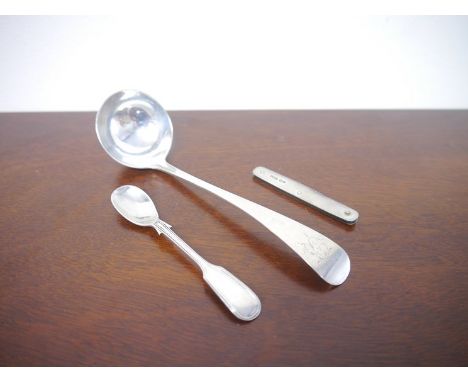 A Victorian silver ladle monogrammed handle, silver salt spoon and silver penknife, 47g (3) 
