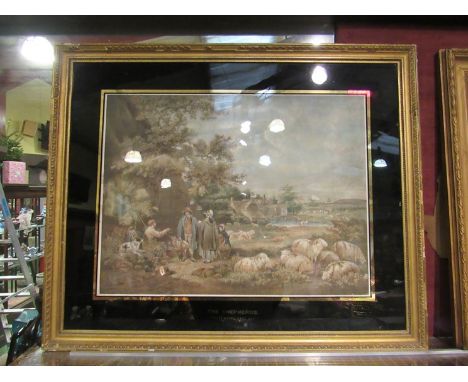 AFTER GEORGE MOORLAND:  A print entitled "The Shepherds" depicting sheep resting beside group of people, framed and glazed 