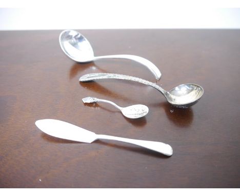 A silver sauce ladle, butter knife and spoon (3)