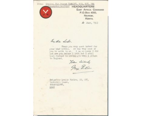 Gen Sir George Ersking DSO typed signed letter on HQ Nairobi stationary 1953 replying to a letter. Fixed to blue card with un