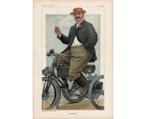 Vanity Fair print. Titled Automobile. Dated 12/10/1899. The Comte de Dion. Approx size 14x12.Good condition. All autographs c