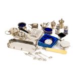 A collection of miscellaneous silver Condiments, comprising three salts with blue lines, four