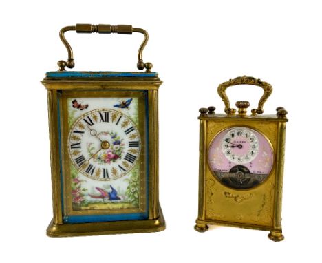An attractive 19th Century ormolu cased French Carriage Clock, the face with painted dial decorated with flowers, birds and b