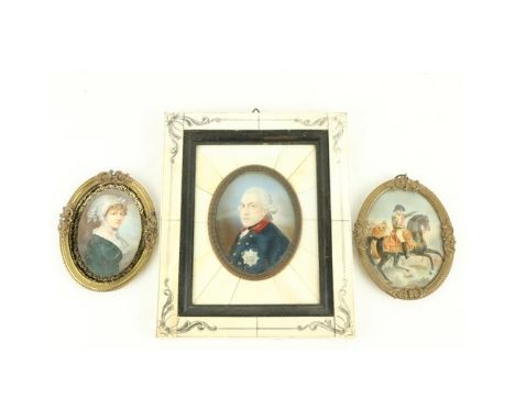 A pair of oval 20th Century French miniature Portraits, one depicting Napoleon on horseback, and another Portrait of a Lady, 