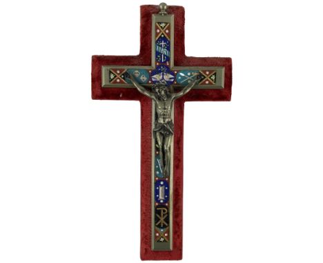 A fine Italian micro mosaic and silver plated Cross, inlaid with spear, ladder, I.N.R.I., birds, and flowers and with a silve
