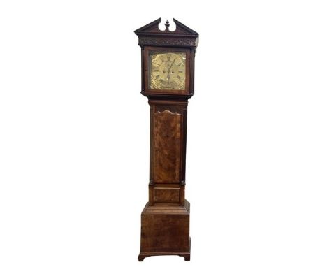 A fine quality Irish Georgian period Provincial Grandfather Clock, the ornate hood with dentil moulded swan neck capital over