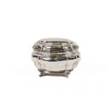 A good silver bombe shaped Sugar Casket, with hinged cover raised on four short legs, by