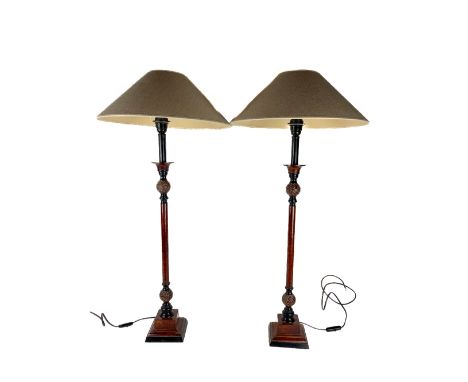 A pair of brown patinated bronzed metal Table Lamps, each stem with two star moulded knops on square moulded step base, and b