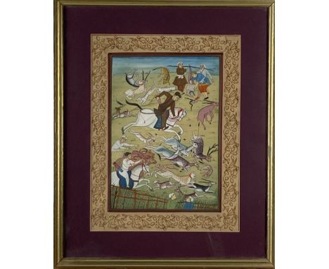 An attractive set of 4 Indian gouache Paintings, depicting various scenes, deer hunting, noble figures, figures attending ele