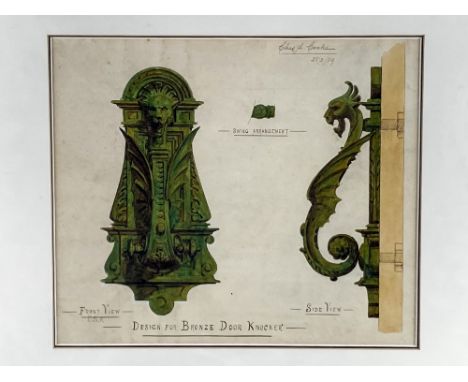 Charles A. Cooke (Australian 1836-1902?]  "Design for bronze Door Knocker," watercolour, depicting overview, front and side, 