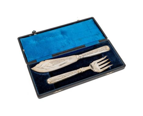 An attractive cased set of Chinese Export engraved and decorated silver Fish Servers,&nbsp;each with assimilated fish skin ha