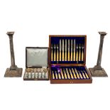 A cased set of etched silver bone handled crested Supper Knives and Forks, in wooden case, with