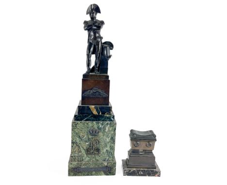 A very good bronze Statue of Napoleon Bonaparte, standing in stately posture in tight full military uniform on four stage mar