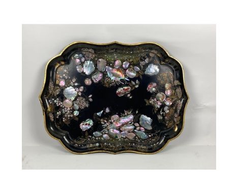 A Victorian oval serpentine shaped papier&nbsp;mache Tray, inlaid with mother-o-pearl, 74cms (29") by Jennens &amp; Bettridge