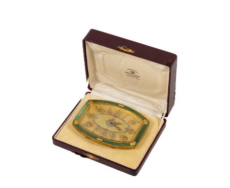 An attractive 8 day Swiss made enamel and gilt metal cased Table Clock, by Mappin &amp; Webb, decorated in Art Nouveau style,