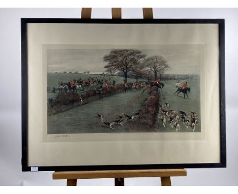 Cecil Aldin, British (1870-1935)  'South Berks Hunt,' coloured print, atmospheric hunting scene with multiple huntsman and ho