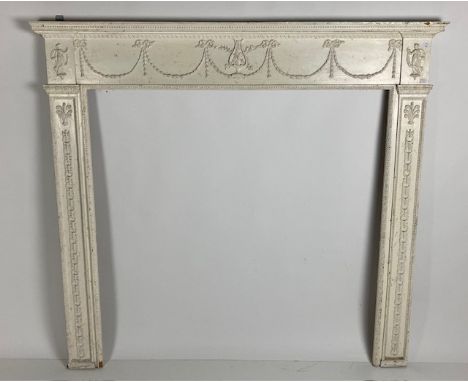 A 19th Century attractive carved and painted Adams style Fire Surround, the shelf with beaded moulding over an ornate frieze 