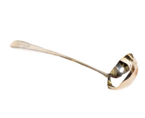 A quality Irish Georgian silver Soup Ladle, hallmarked J.P. (John Pittar) Dublin, with etched monogram initials and hare moti