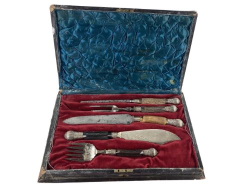 A five piece Victorian silver mounted Carving Set, all with stag horn handles, comprising a fish carving Knife and Serving Fo