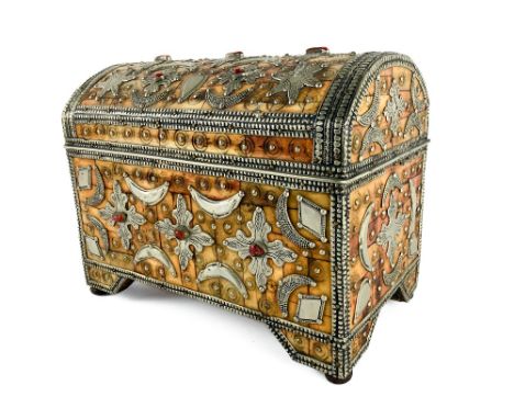A very unusual Moroccan dome top Casket, veneered in bone and adorned with various shaped white metal mounts and semi preciou