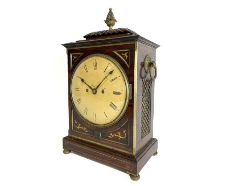 A fine quality Regency period brass mounted and inlaid rosewood cased Bracket Clock, the circular painted dial with Roman num