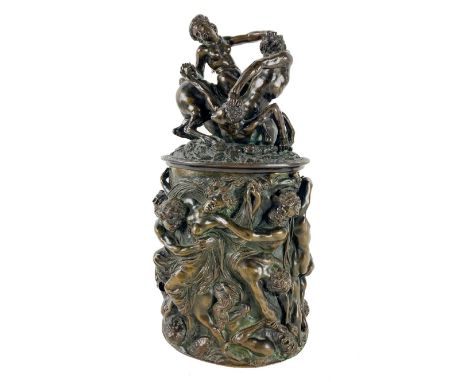 A fine 19th Century Baroque style patinated bronze Jar and Cover, cast in relief with scenes depicting the battle of Centaurs