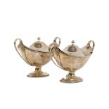 A good pair of oval silver Sauce Tureens & Covers, each on oval stem base by Charles Stuart