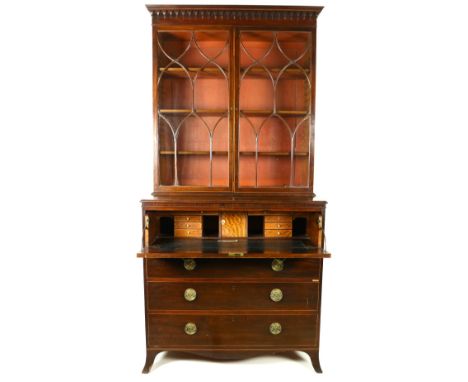 A very good quality inlaid mahogany Secretaire&nbsp;Bookcase,&nbsp;the pediment moulded with a series of arches above two Got