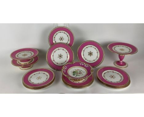 A 15 piece colourful Spode porcelain Dessert Service, in pink and white with hand painted bands of roses, comprising four com