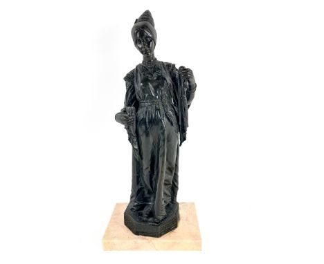 A late 19th Century bronze Figure,&nbsp;of a Medieval Lady wearing a long dress, a bead necklace and a long plait of hair to 