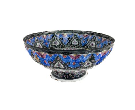 An attractive 19th Century Middle Eastern enamel Bowl, of geometric design and floral decoration, on a circular base, approx.