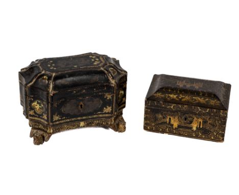 An attractive mid-19th Century shaped lacquered Tea Caddy, the exterior with approx. 12 framed landscape and other scenes, on