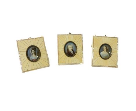 A set of three oval miniature Portraits, 20th Century French, depicting Jenny Lind, Mrs. Graham, and Haydn, in faux ivory and