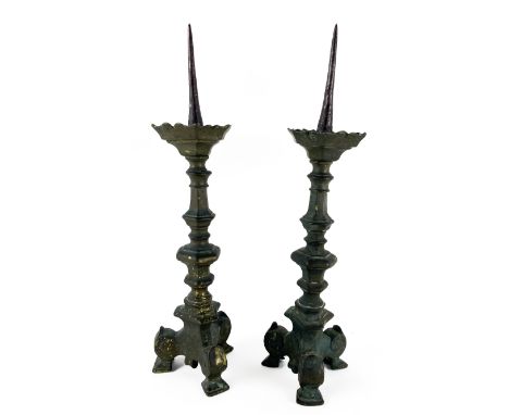 A good early pair of bronze tripod Pricket Candlesticks, 38cms (15"). (2) 